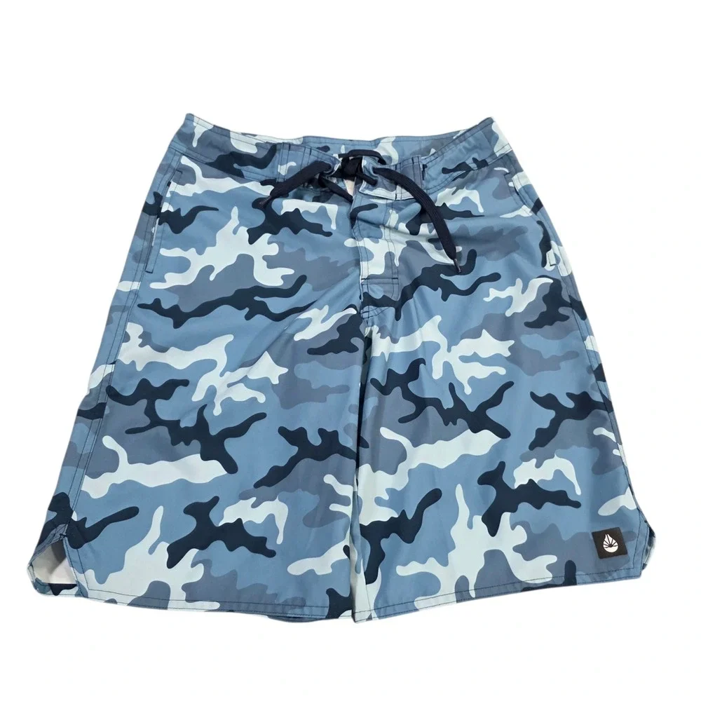 O'rageous Swim Short Mens Blue Small Camo Print Beach 100% Polyester Drawstring